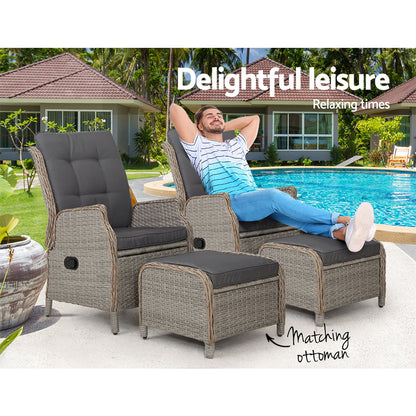 2Pc Recliner Chair Sun Lounge Wicker Lounger Outdoor Furniture Grey