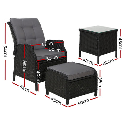 5Pc Recliner Chairs Table Sun Lounge Wicker Outdoor Adjustable Black