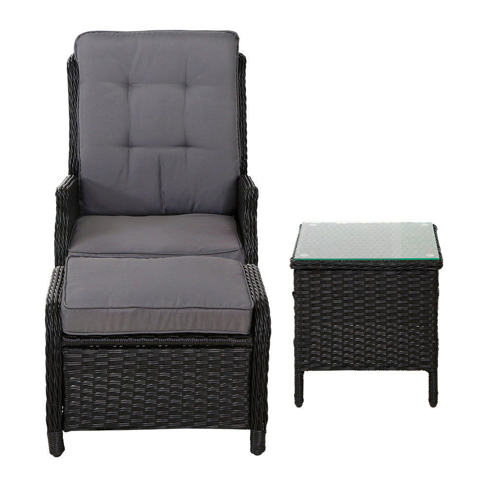 5Pc Recliner Chairs Table Sun Lounge Wicker Outdoor Adjustable Black