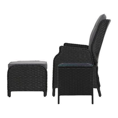5Pc Recliner Chairs Table Sun Lounge Wicker Outdoor Adjustable Black