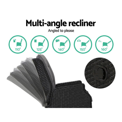 5Pc Recliner Chairs Table Sun Lounge Wicker Outdoor Adjustable Black