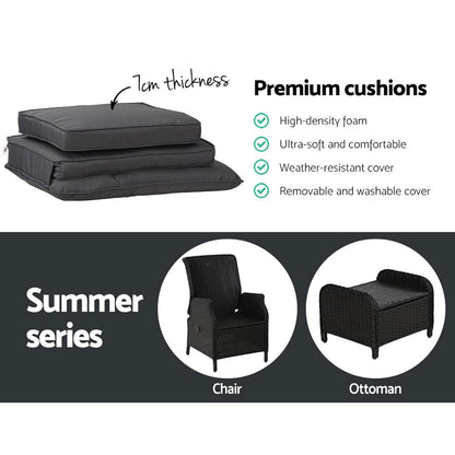 5Pc Recliner Chairs Table Sun Lounge Wicker Outdoor Adjustable Black