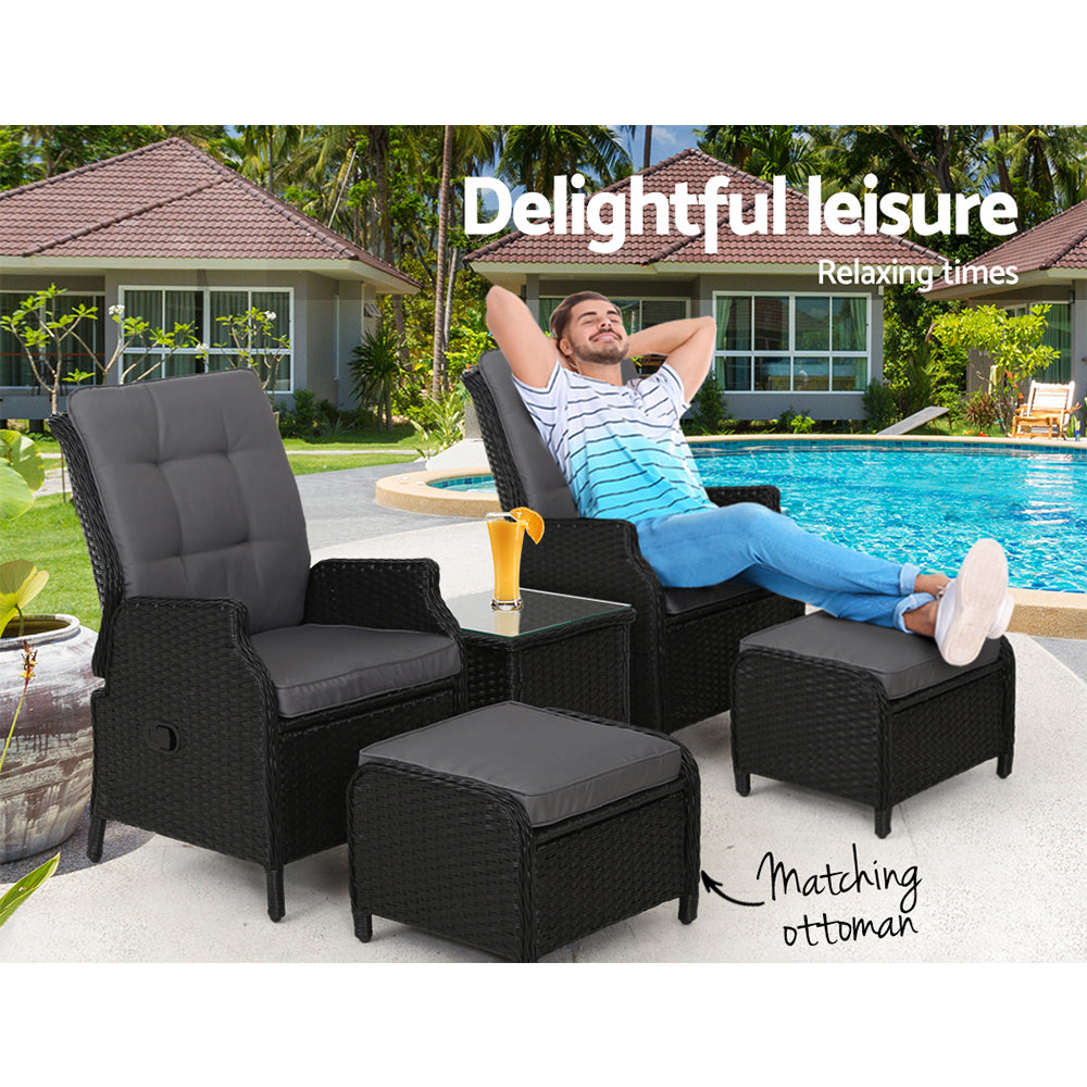 5Pc Recliner Chairs Table Sun Lounge Wicker Outdoor Adjustable Black