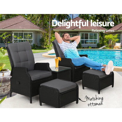 5Pc Recliner Chairs Table Sun Lounge Wicker Outdoor Adjustable Black
