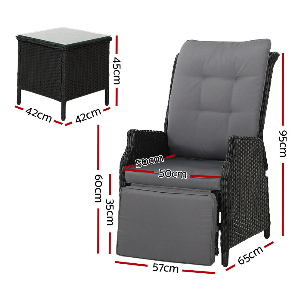 3Pc Recliner Chairs Table Sun Lounge Outdoor Furniture Wicker Black
