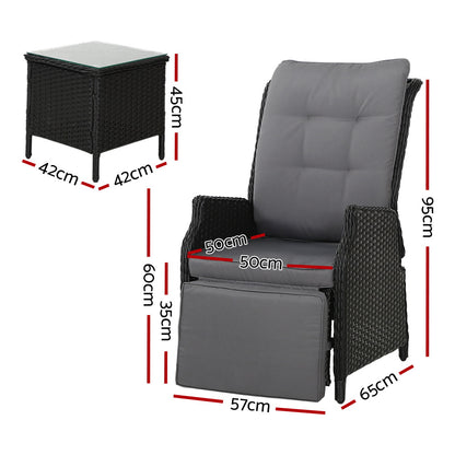 3Pc Recliner Chairs Table Sun Lounge Outdoor Furniture Wicker Black
