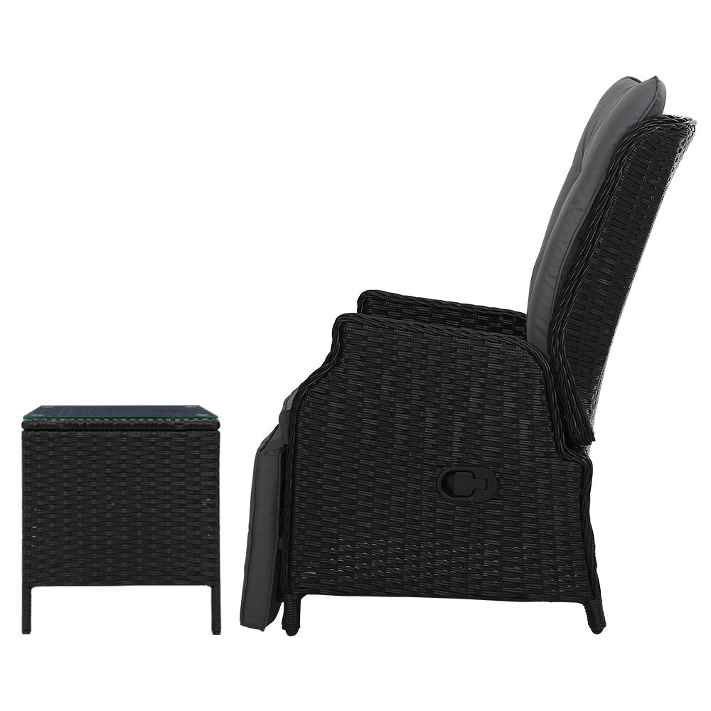 3Pc Recliner Chairs Table Sun Lounge Outdoor Furniture Wicker Black