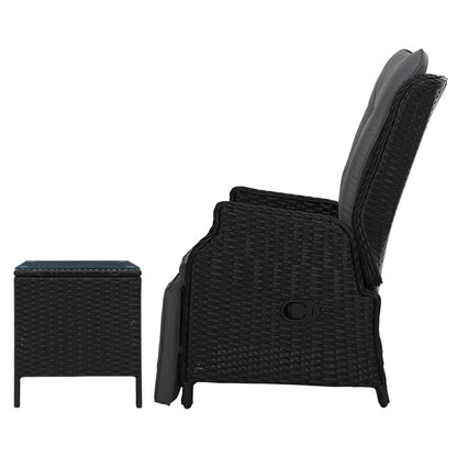 3Pc Recliner Chairs Table Sun Lounge Outdoor Furniture Wicker Black