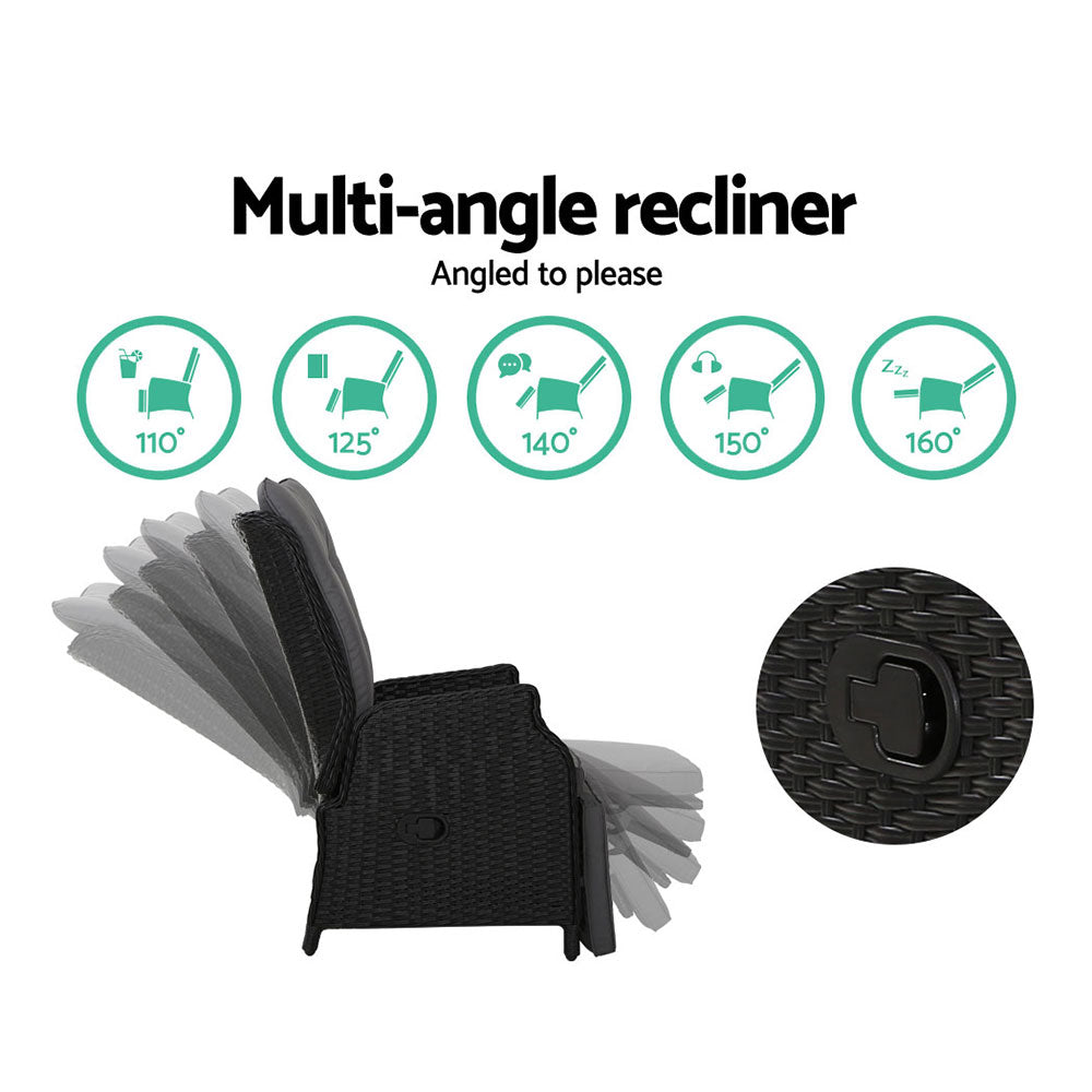 3Pc Recliner Chairs Table Sun Lounge Outdoor Furniture Wicker Black
