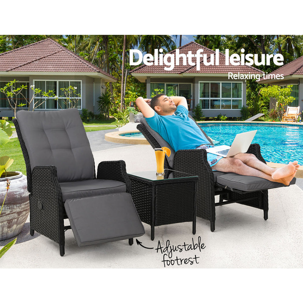 3Pc Recliner Chairs Table Sun Lounge Outdoor Furniture Wicker Black