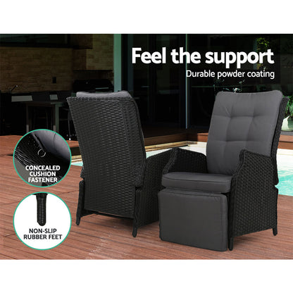 3Pc Recliner Chairs Table Sun Lounge Outdoor Furniture Wicker Black