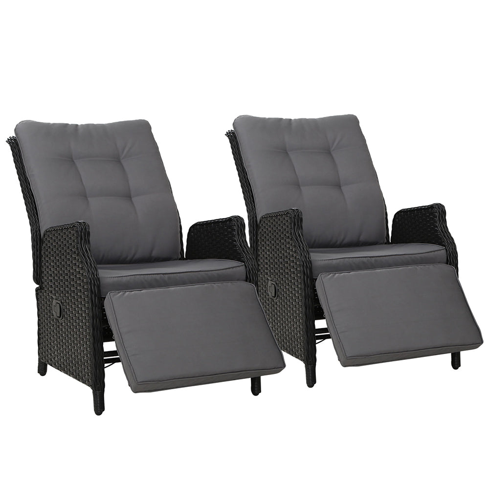 2Pc Recliner Chairs Sun Lounge Wicker Lounger Outdoor Black
