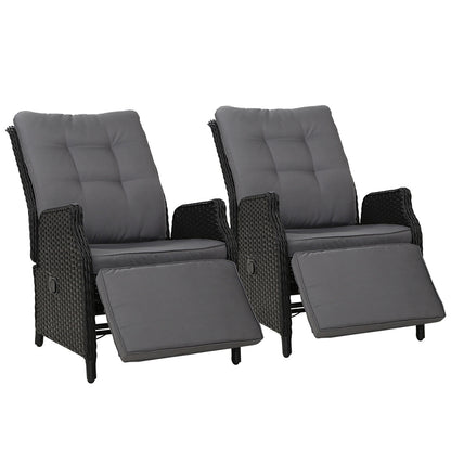 2Pc Recliner Chairs Sun Lounge Wicker Lounger Outdoor Black