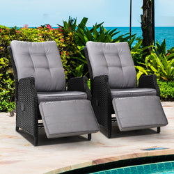 2Pc Recliner Chairs Sun Lounge Wicker Lounger Outdoor Black
