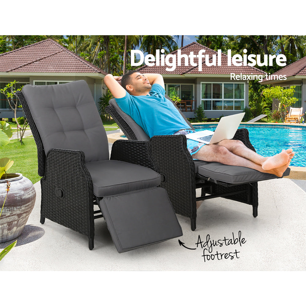 2Pc Recliner Chairs Sun Lounge Wicker Lounger Outdoor Black