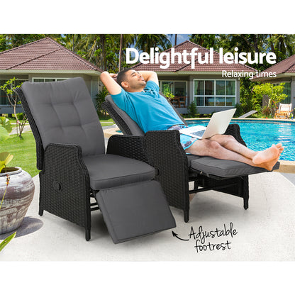 2Pc Recliner Chairs Sun Lounge Wicker Lounger Outdoor Black
