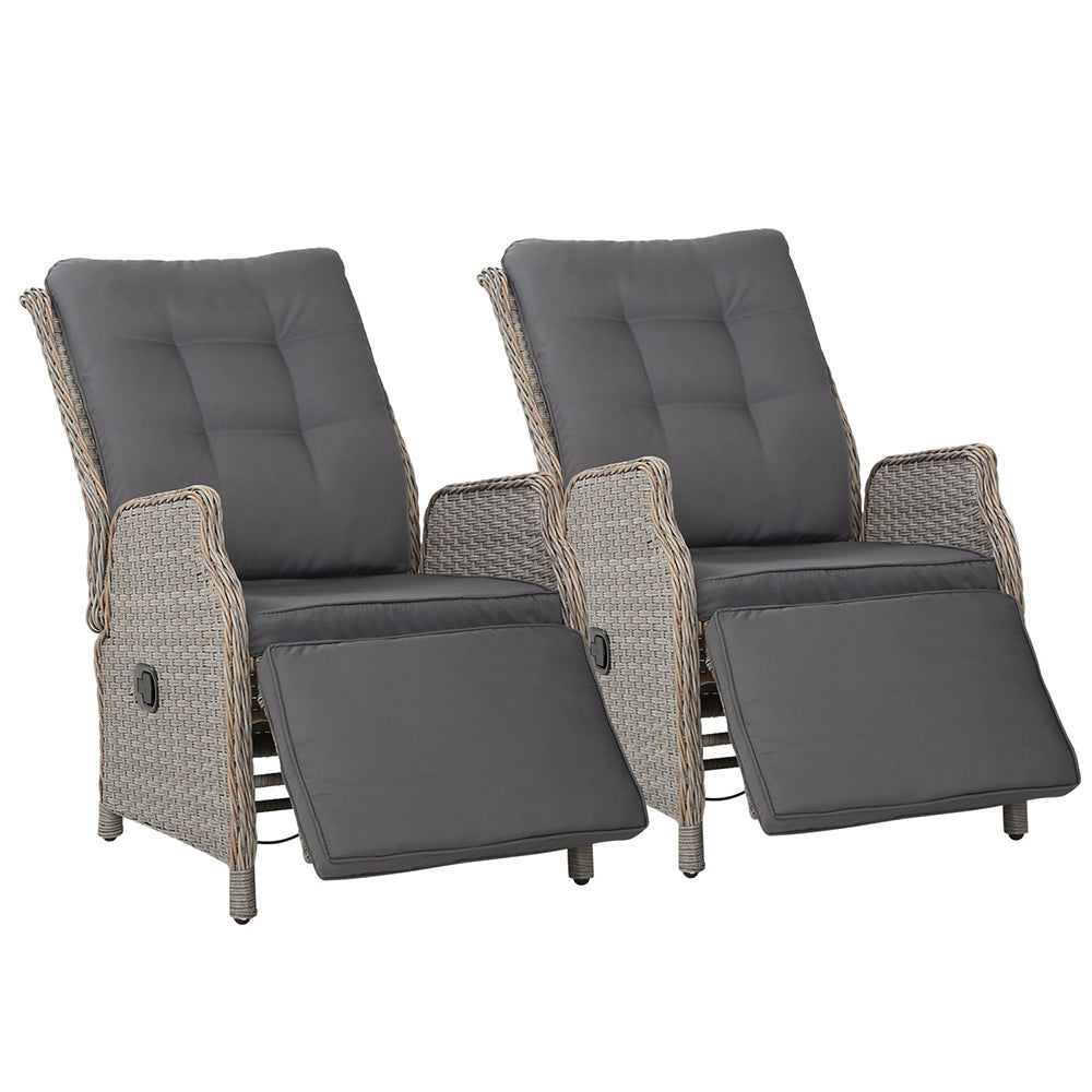 2Pc Recliner Chairs Sun Lounge Wicker Lounger Outdoor Grey