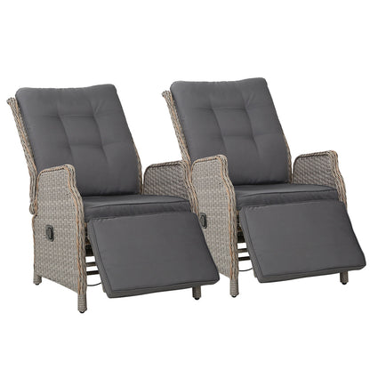 2Pc Recliner Chairs Sun Lounge Wicker Lounger Outdoor Grey