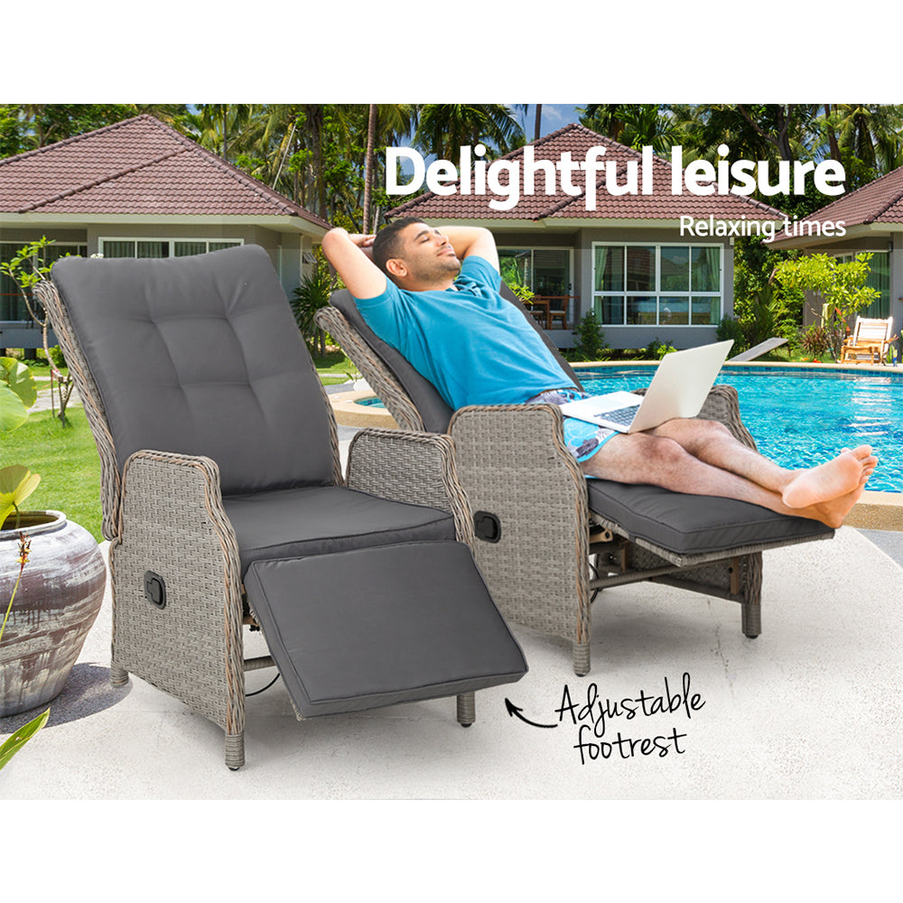 2Pc Recliner Chairs Sun Lounge Wicker Lounger Outdoor Grey