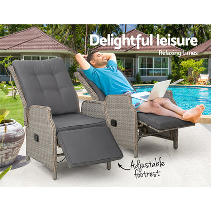 2Pc Recliner Chairs Sun Lounge Wicker Lounger Outdoor Grey