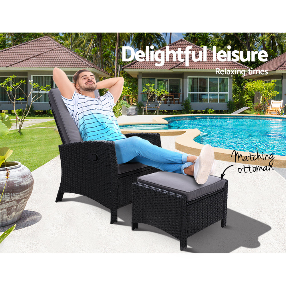 Recliner Chair Sun Lounge Wicker Lounger Outdoor Patio Furniture Black