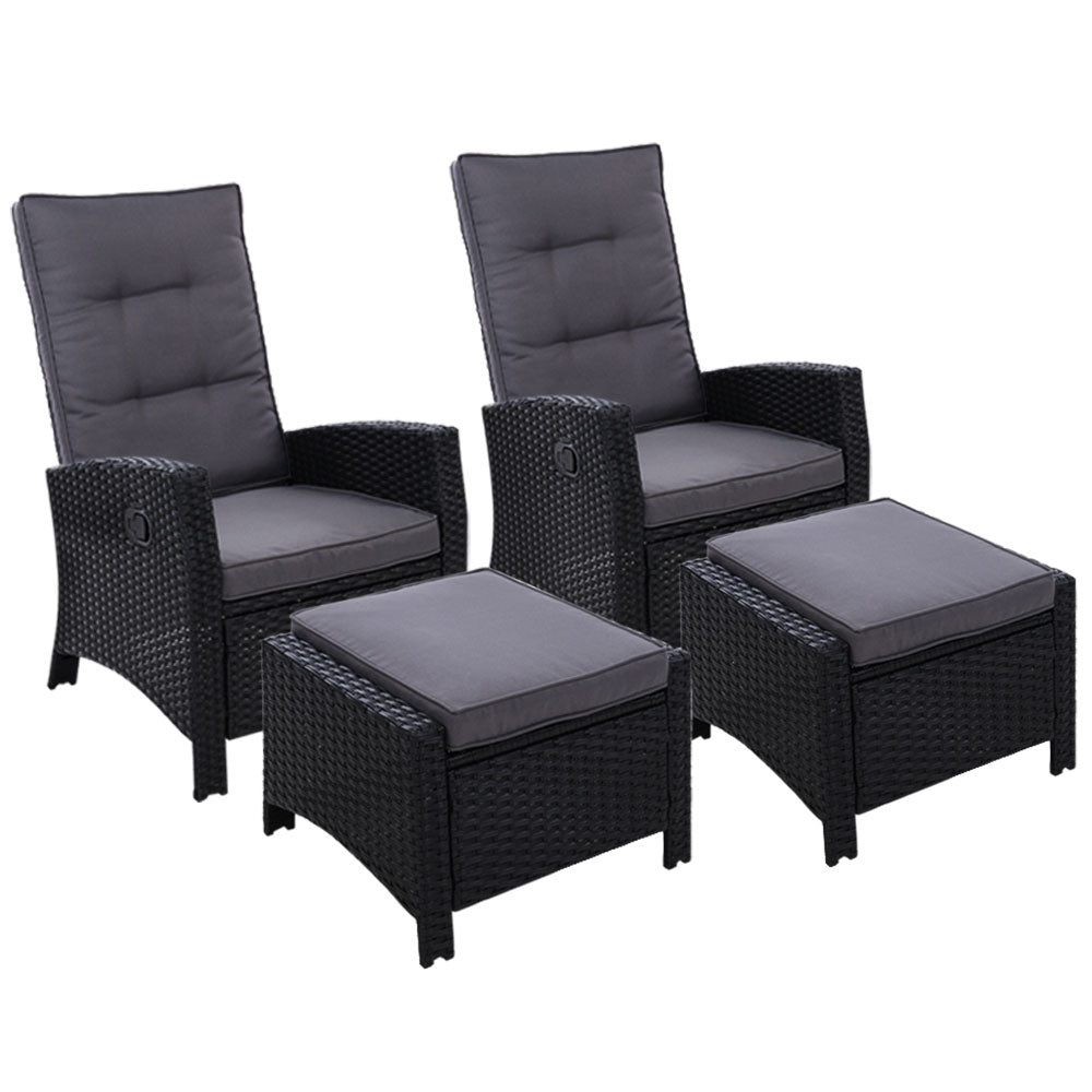 2Pc Recliner Chairs Sun Lounge Wicker Lounger Outdoor Furniture Black