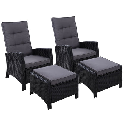 2Pc Recliner Chairs Sun Lounge Wicker Lounger Outdoor Furniture Black