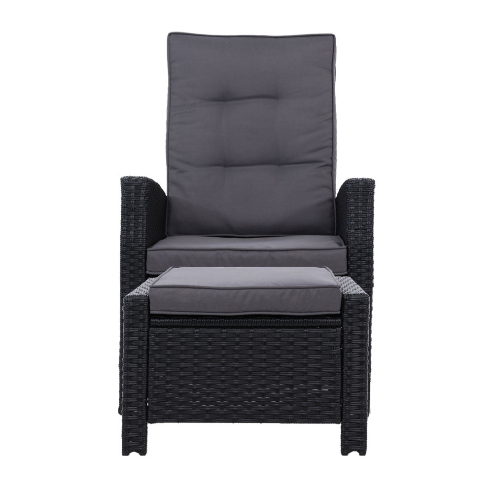 2Pc Recliner Chairs Sun Lounge Wicker Lounger Outdoor Furniture Black