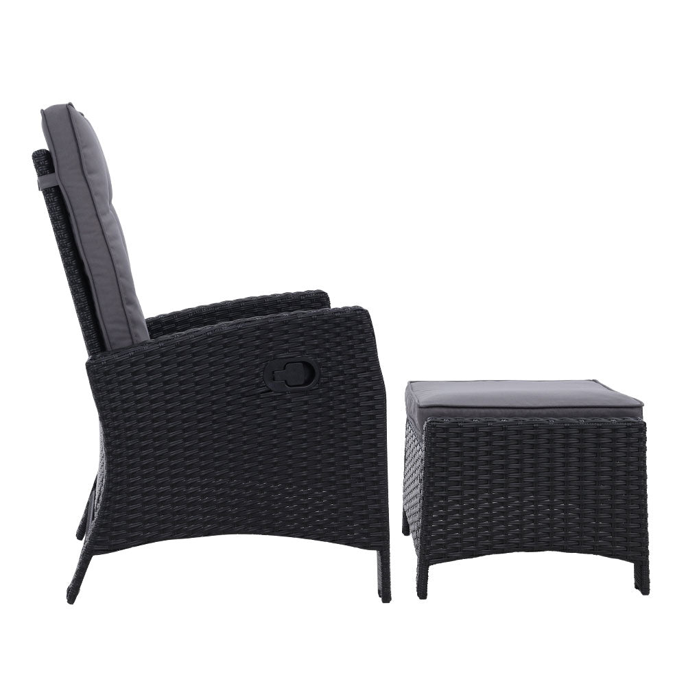 2Pc Recliner Chairs Sun Lounge Wicker Lounger Outdoor Furniture Black