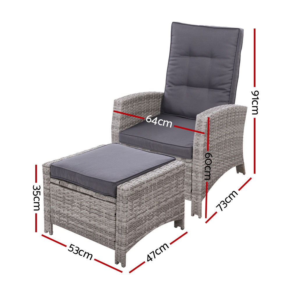 2Pc Recliner Chairs Sun Lounge Wicker Lounger Outdoor Furniture Grey