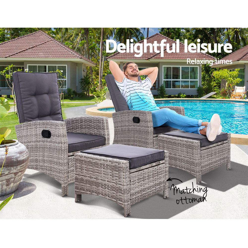 2Pc Recliner Chairs Sun Lounge Wicker Lounger Outdoor Furniture Grey