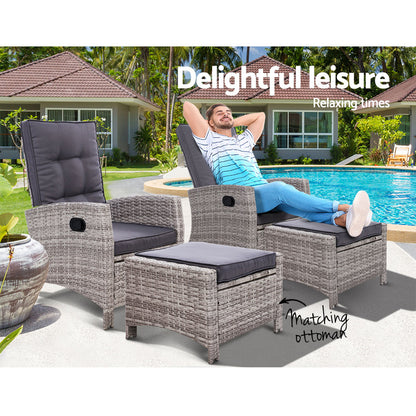 2Pc Recliner Chairs Sun Lounge Wicker Lounger Outdoor Furniture Grey