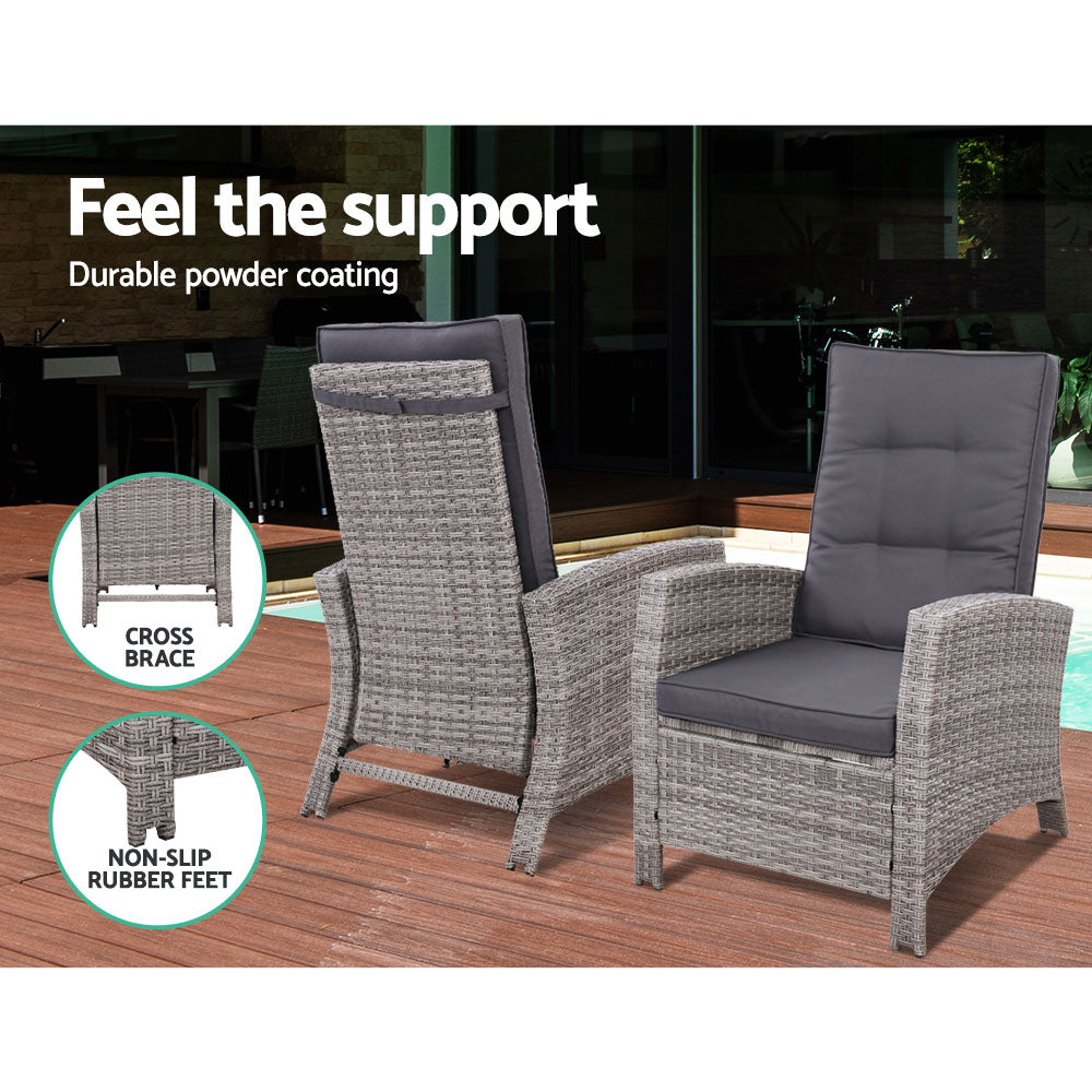 2Pc Recliner Chairs Sun Lounge Wicker Lounger Outdoor Furniture Grey