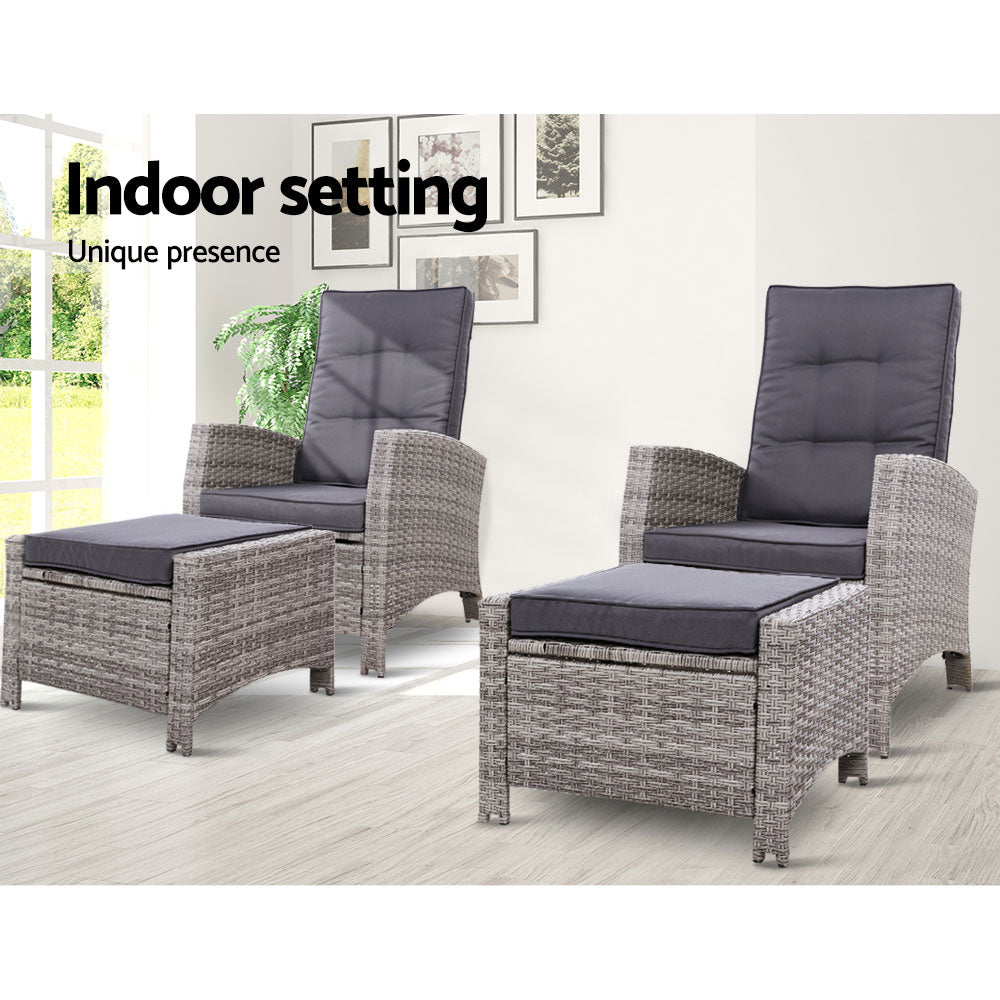 2Pc Recliner Chairs Sun Lounge Wicker Lounger Outdoor Furniture Grey