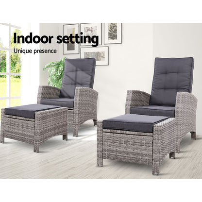 2Pc Recliner Chairs Sun Lounge Wicker Lounger Outdoor Furniture Grey
