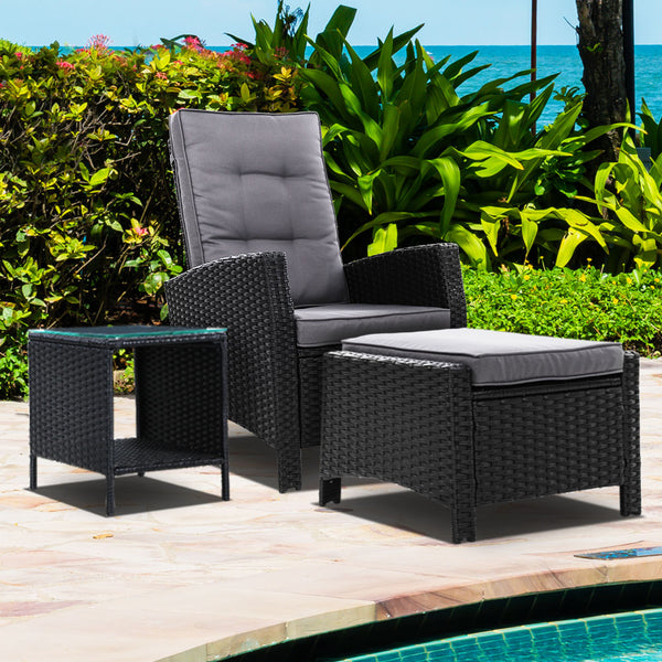  3Pc Recliner Chairs Table Sun Lounge Wicker Outdoor Furniture Black