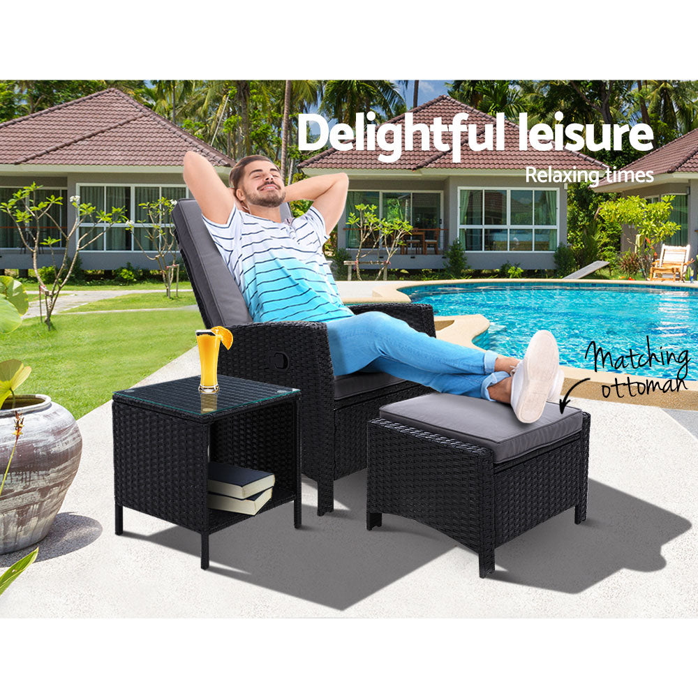 3Pc Recliner Chairs Table Sun Lounge Wicker Outdoor Furniture Black - 64×73×91cm