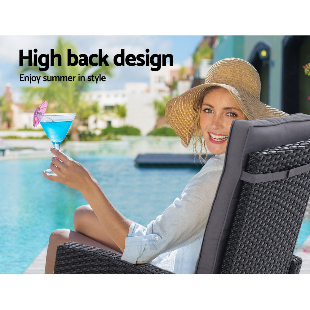 3Pc Recliner Chairs Table Sun Lounge Wicker Outdoor Furniture Black - 64×73×91cm