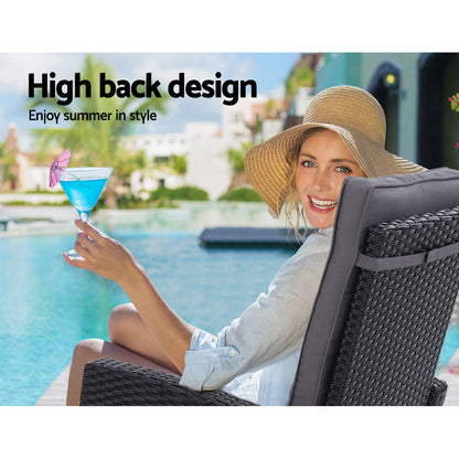 3Pc Recliner Chairs Table Sun Lounge Wicker Outdoor Furniture Black - 64×73×91cm