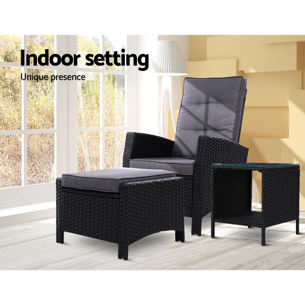 3Pc Recliner Chairs Table Sun Lounge Wicker Outdoor Furniture Black - 64×73×91cm