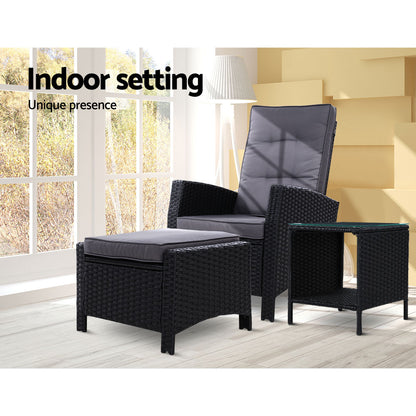 3Pc Recliner Chairs Table Sun Lounge Wicker Outdoor Furniture Black - 64×73×91cm