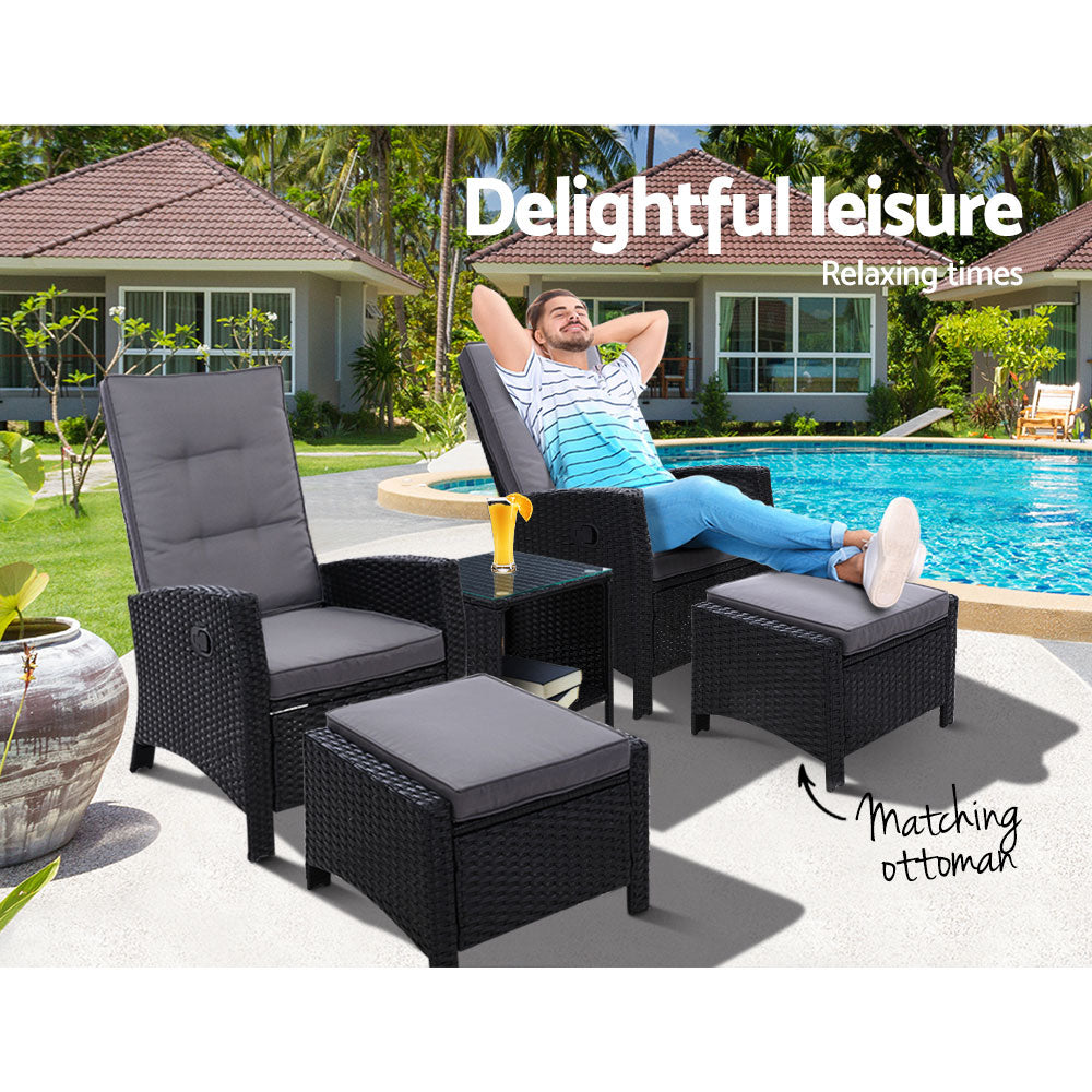 5Pc Recliner Chairs Table Sun Lounge Wicker Outdoor Furniture Black