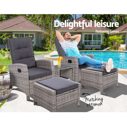 Outdoor Patio Furniture Recliner Chairs Table Setting Wicker Lounge 5pc Grey
