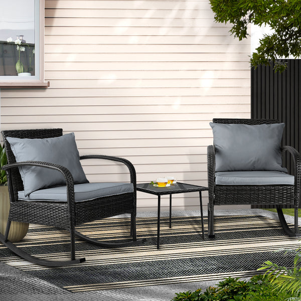  3Pc Rocking Chair Table Wicker Outdoor Furniture Patio Bistro Set Black