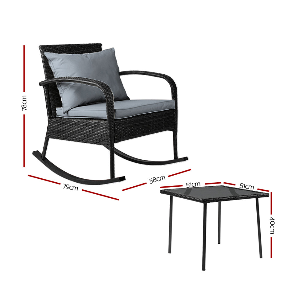 3Pc Rocking Chair Table Wicker Outdoor Furniture Patio Bistro Set Black
