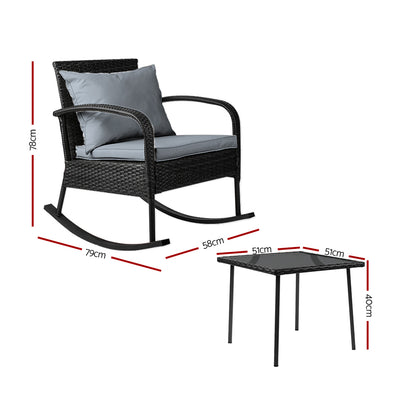 3Pc Rocking Chair Table Wicker Outdoor Furniture Patio Bistro Set Black
