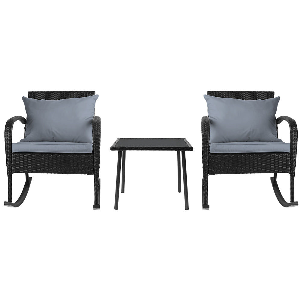 3Pc Rocking Chair Table Wicker Outdoor Furniture Patio Bistro Set Black