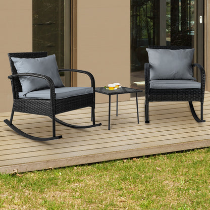 3Pc Rocking Chair Table Wicker Outdoor Furniture Patio Bistro Set Black