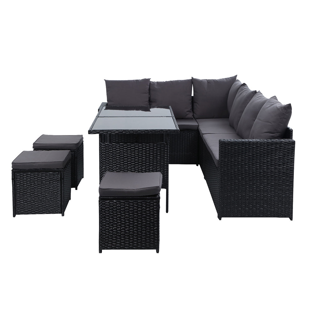 Outdoor Furniture Dining Setting Sofa Set Wicker 9 Seater Storage Cover Black