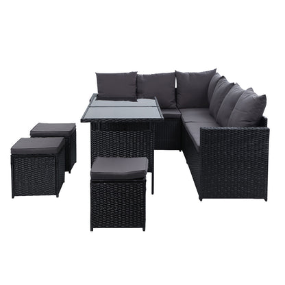 Outdoor Furniture Dining Setting Sofa Set Wicker 9 Seater Storage Cover Black